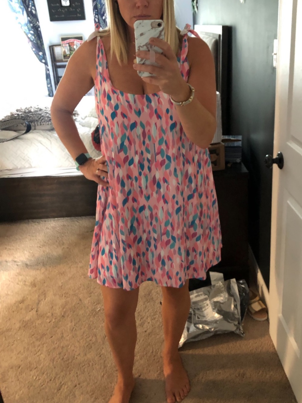 Jadelynn Brooke Pink Teal Leaf-Print Tie Strap Dress